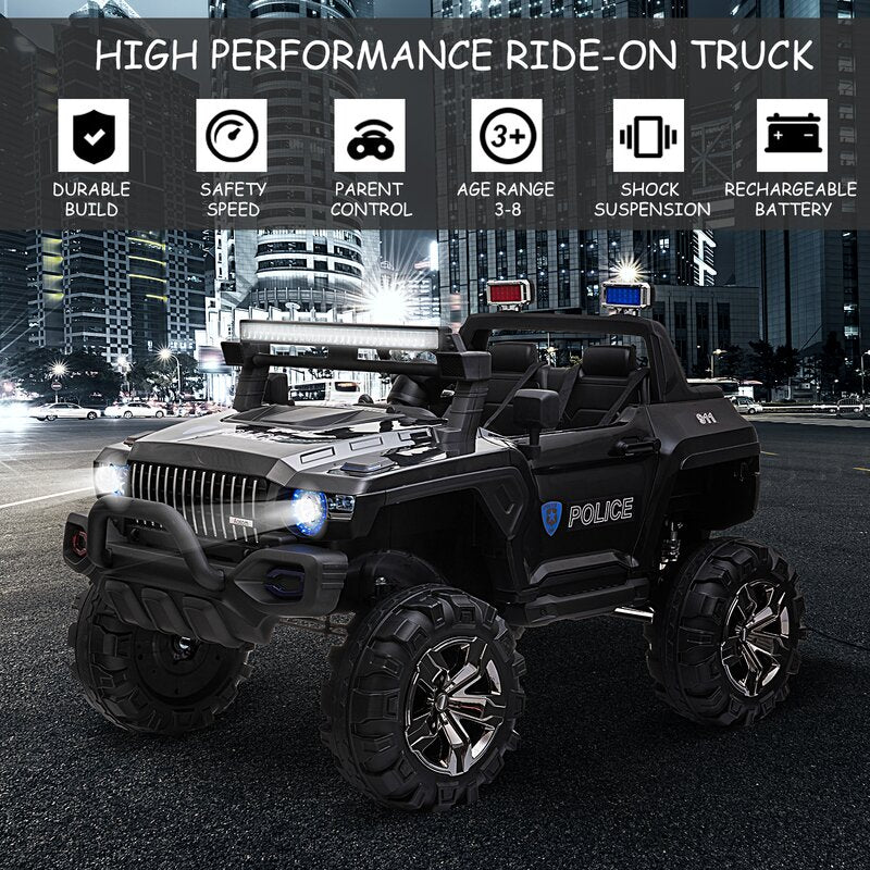 12V 4X4 Police Truck 2 Seater Ride on with Parental Remote Control for 3-8 Years (Black)